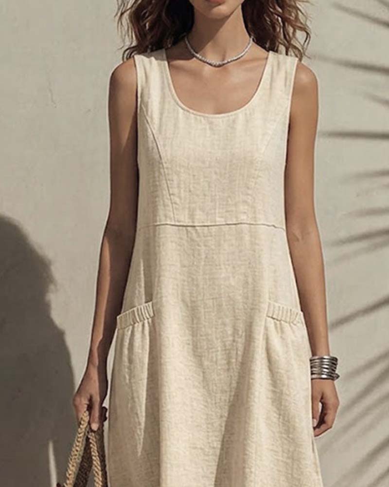 Robe Col U Poche Sans Manches Unie