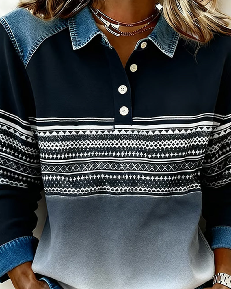Sweat Avec Design à Col Lapel à Boutons, Motif Rayé Et Couleur Dégradée