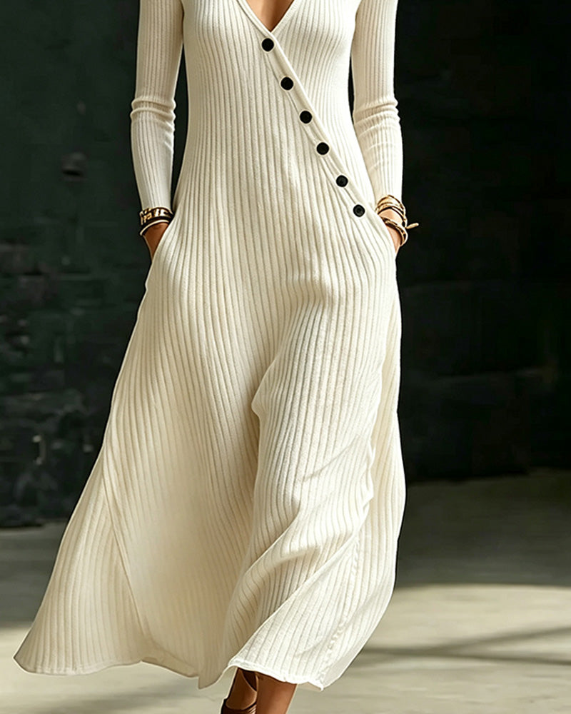 Robe Col V Boutonné Côtes Tricoté