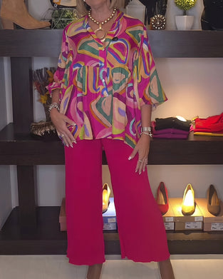 Blouse Colorée Géométrique Manches Ballon Imprimée