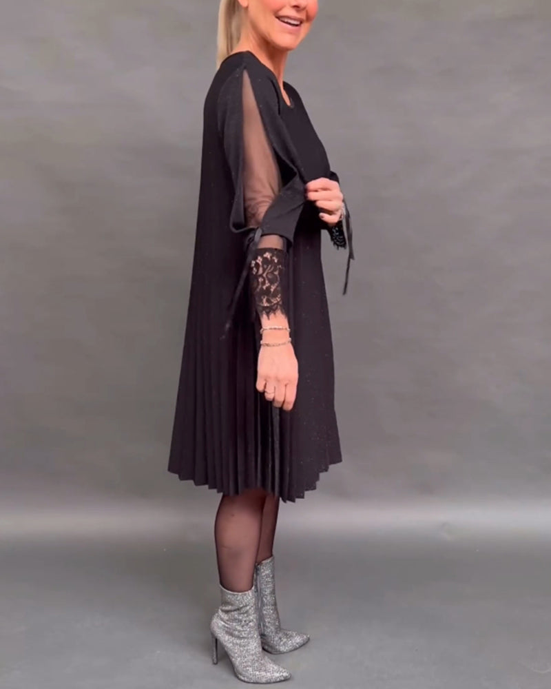 Robe plissée en dentelle patchwork de couleur unie