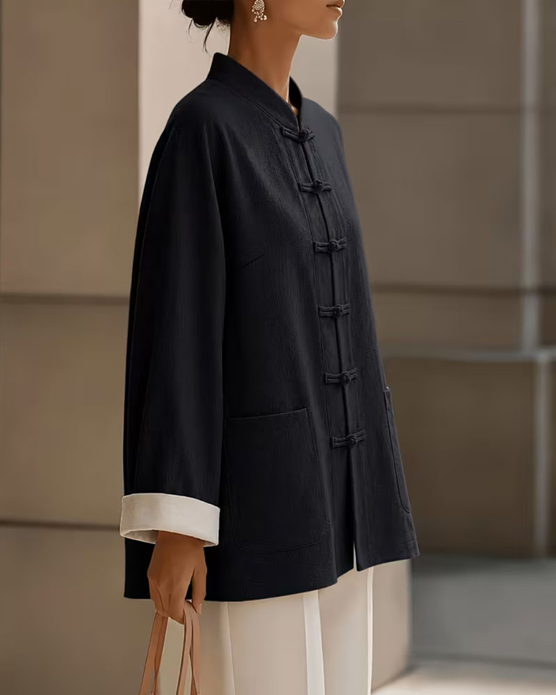 Manteau Uni Boutonné Col Montant