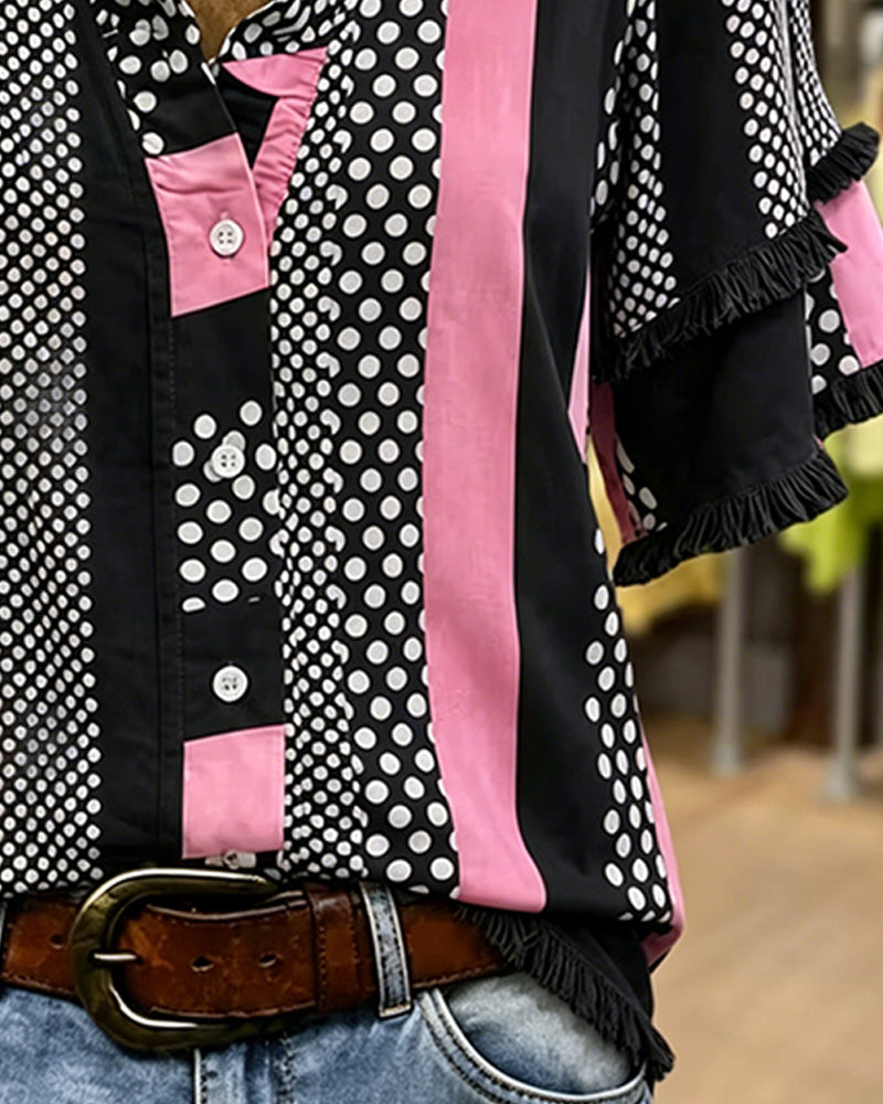 Chemise Pois Contraste Patchwork Volant