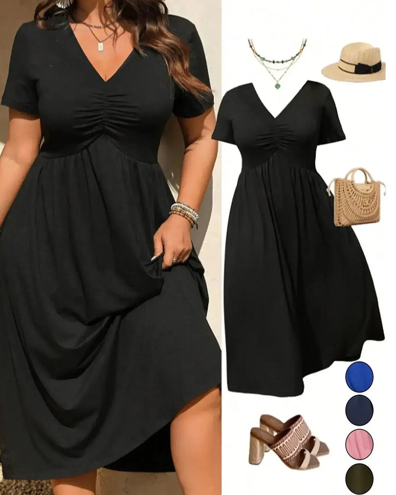 Robe Col En V Froncée Manches Courtes Évasée