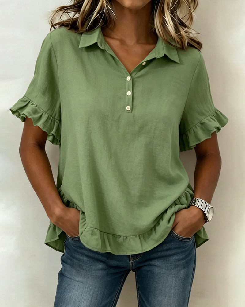 Blouse Col Demi-Patron Manche Volantée