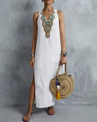 Robe Sans Manches Col En V Bohémienne Longue