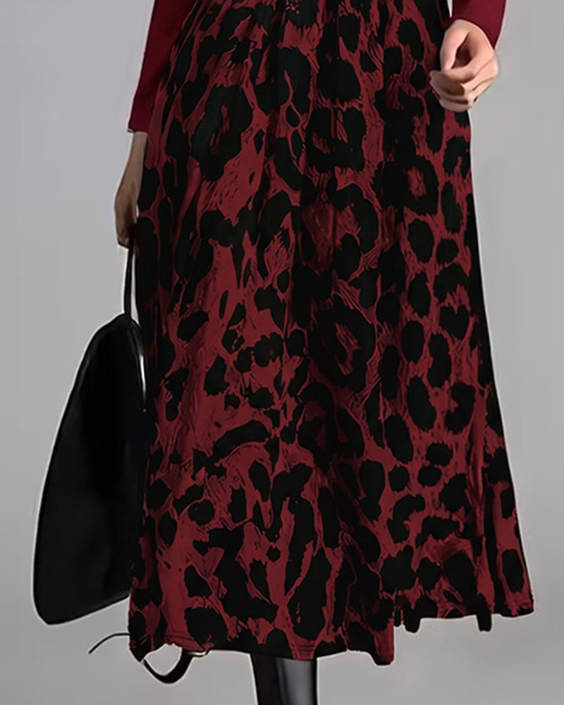 Robe Col Rond Léopard Jupe Ample