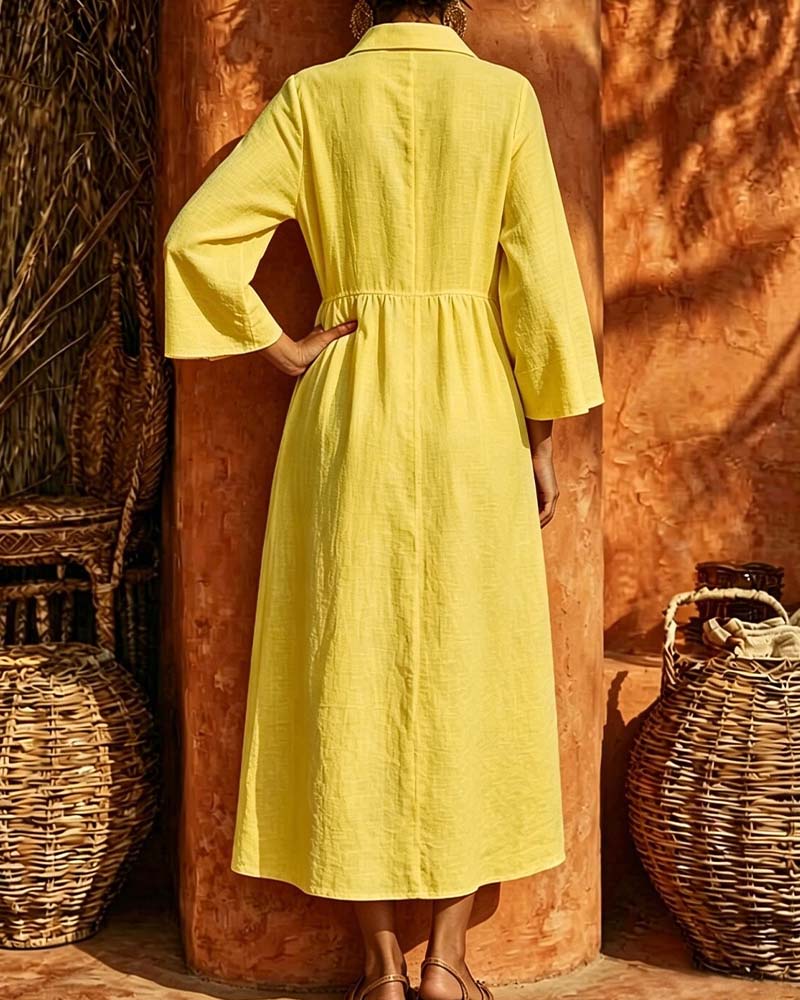 Robe Col Chemise Froncée Manche Longue
