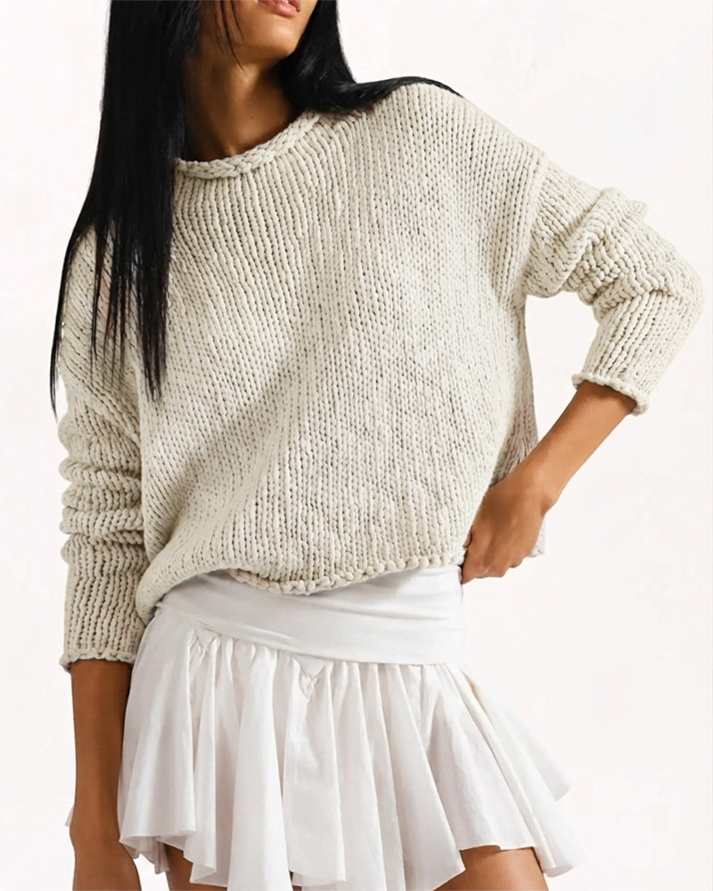 Pullover Col Rond Court Manche Longue Uni