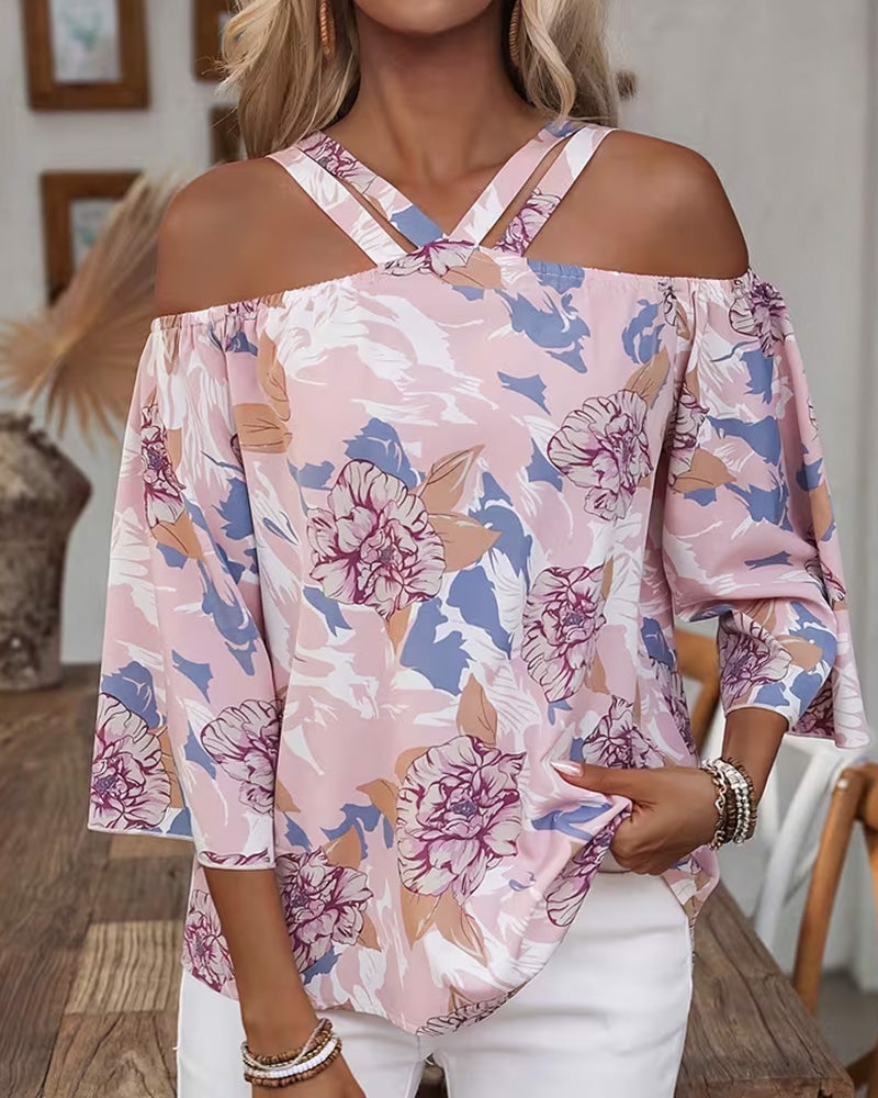 Blouse Florale Croix Off-Épaule