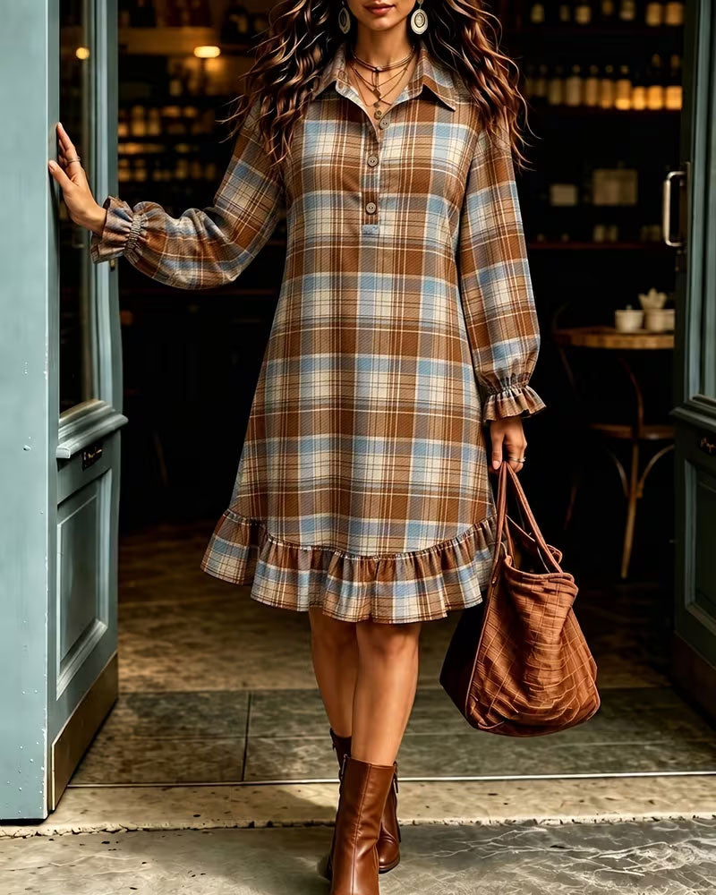 Robe Revers Bouton À Carreaux