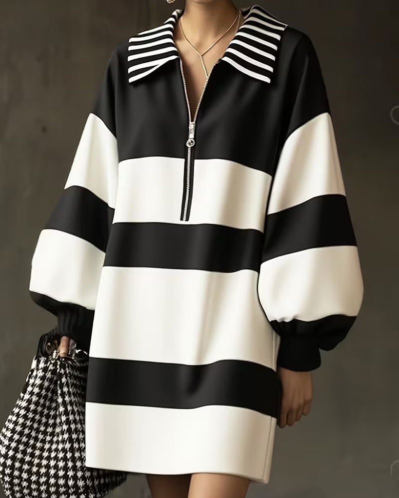 Robe Manche Lanterne Rayée Revers Fermeture Éclair