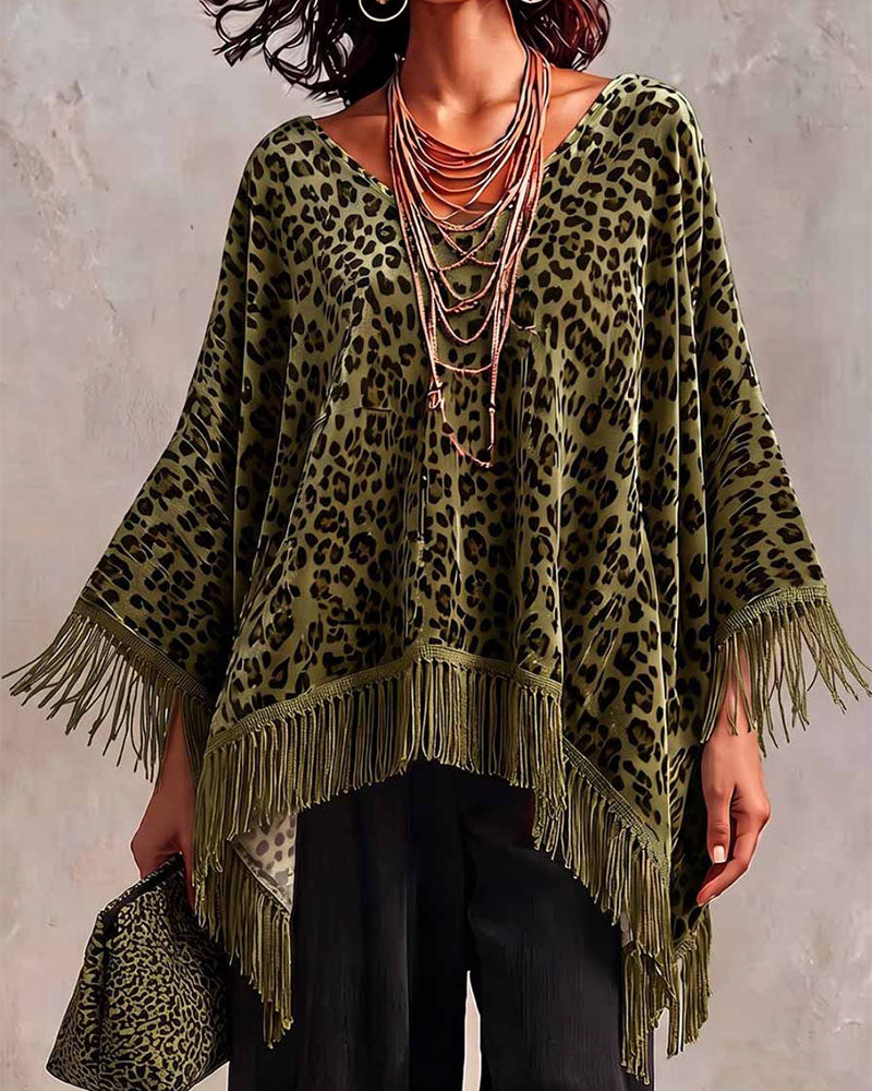 Blouse Manche Chauve-Souris Franges Imprimé Léopard Ample Velours
