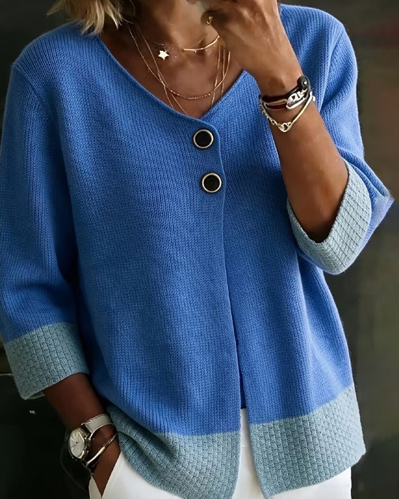 Cardigan Couleur Contrastante Col V Deux Boutons
