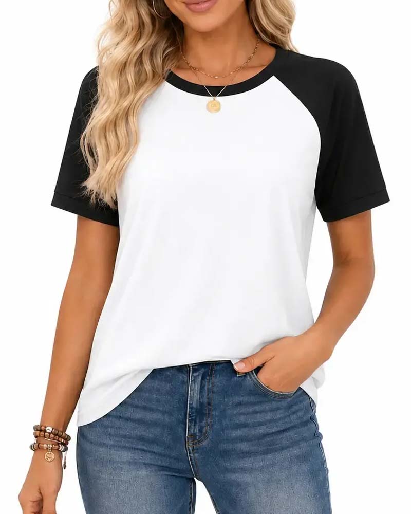T-Shirt Col Rond Bloc De Couleur Manche Raglan