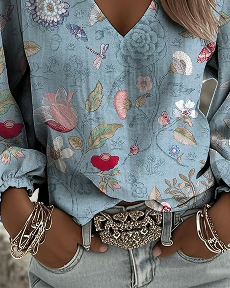 Blouse À Motif Floral Et Insectes Manches Bouffantes