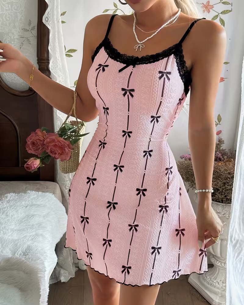 Robe De Nuit Dentelle Nœud Imprimé