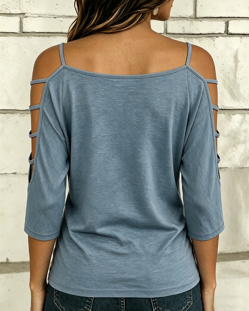 T-Shirt Unie Manche Coude Hors Épaule