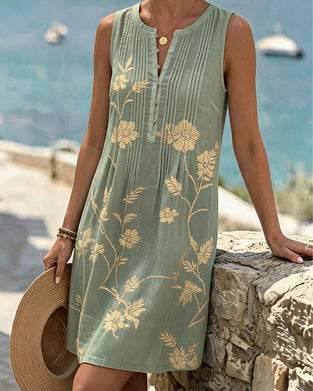 Robe Col Rond Sans Manches Bouton Plissé Imprimé