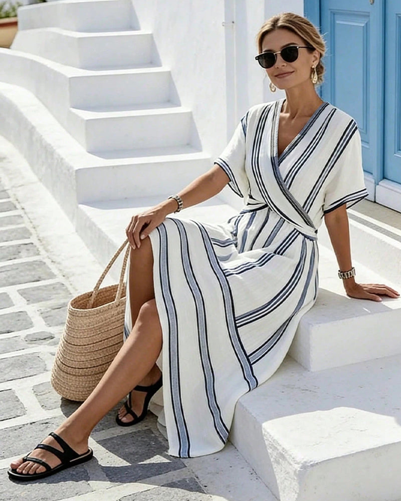 Robe Élégante Sophistiquée Rayée Croisé Taille