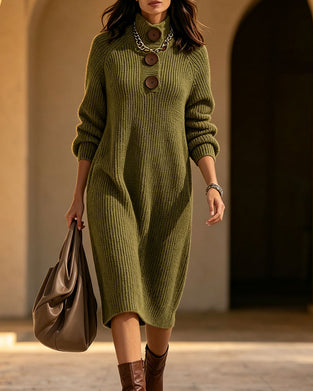 Robe Col Roulé Bouton Poche