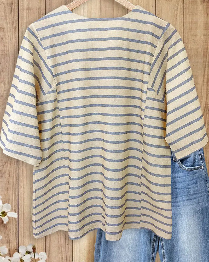 Blouse Rayure Texture Demi Manche Décontractée