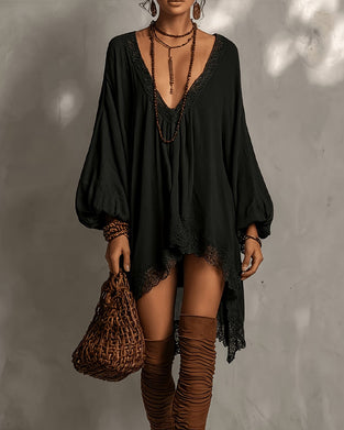 Robe Col V Dentelle Asymétrique