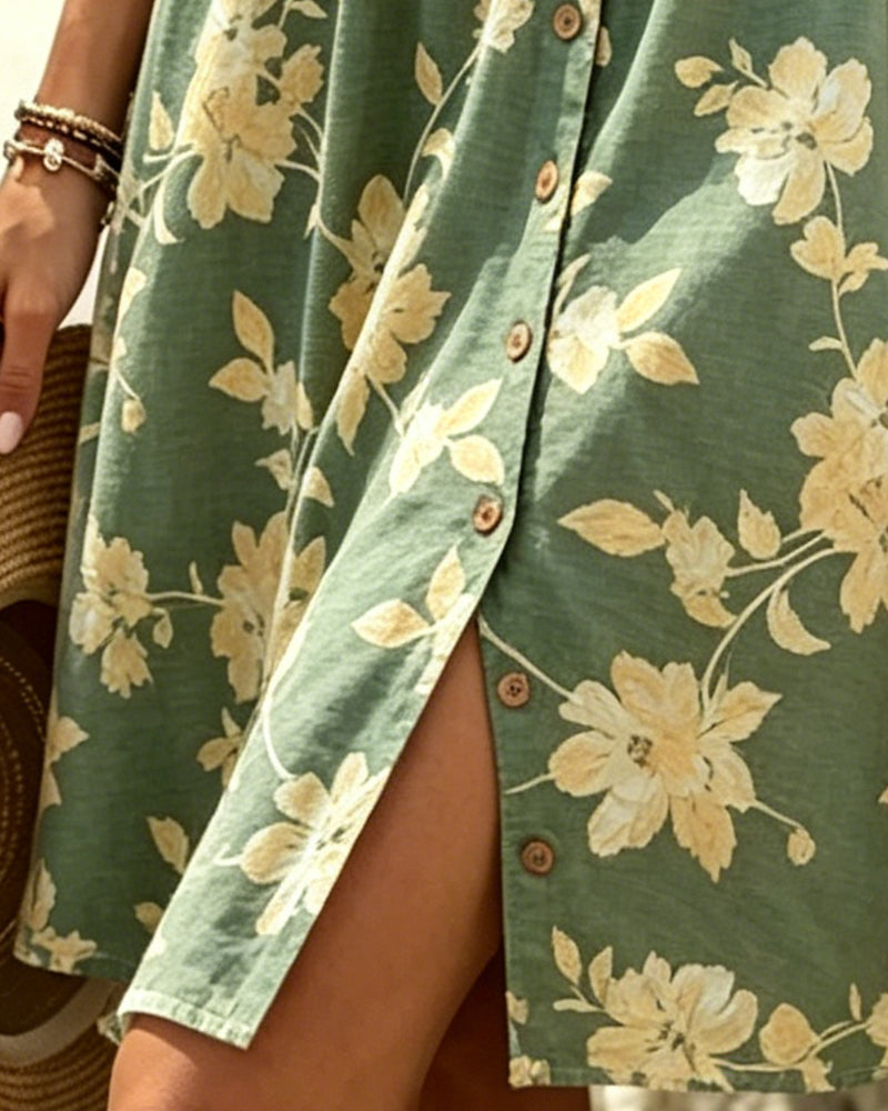 Robe Col Rond Sans Manches Bouton Florale
