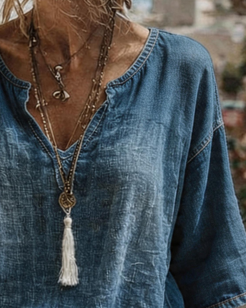 Haut Col V Denim Demi Manche