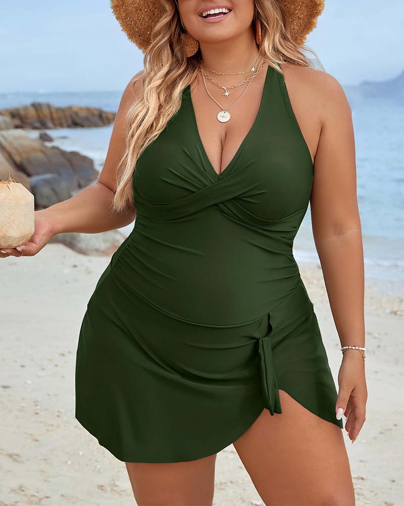Maillot de bain une pièce sexy col en V couleur unie