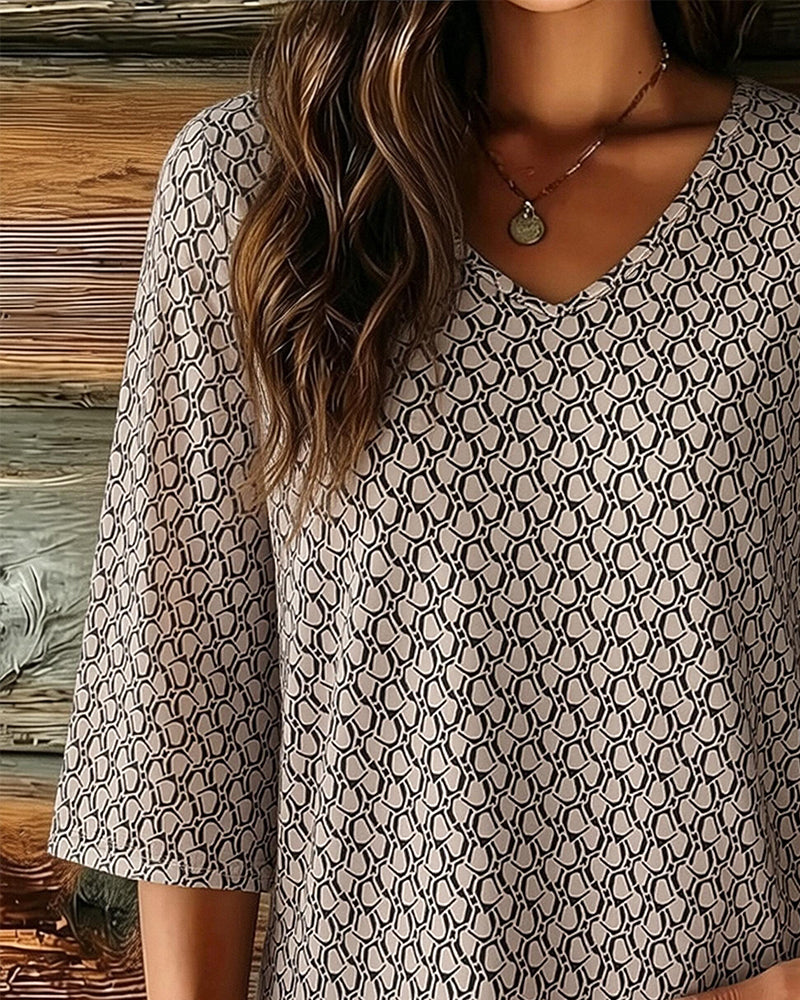 Blouse Col En V Manches Mi-Longues Décontractée