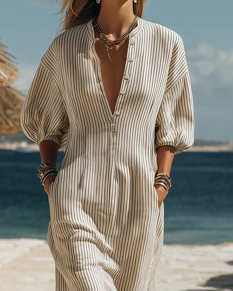 Robe Manche Bouffante Bouton-Bas Rayure