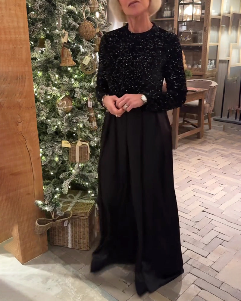 Robe Élégant Paillettes Patchwork Longueur Sol