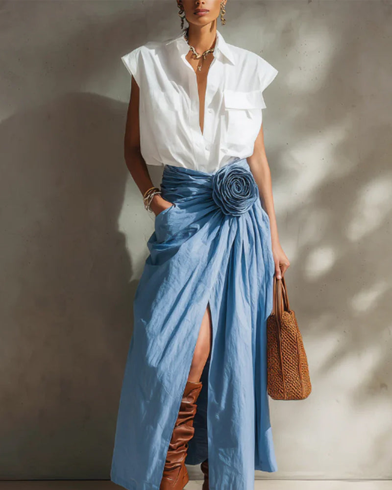 Blouse Col V Profond Revers Sans Manches