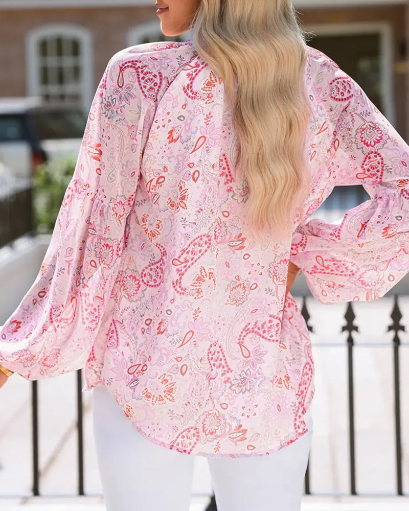 Blouse Manche Lanterne Imprimée Col V