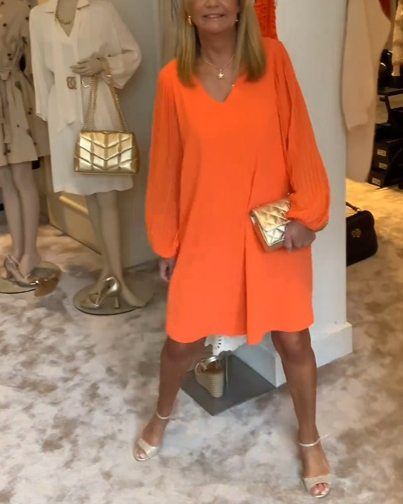 Robe col en V à manches lanternes de couleur unie