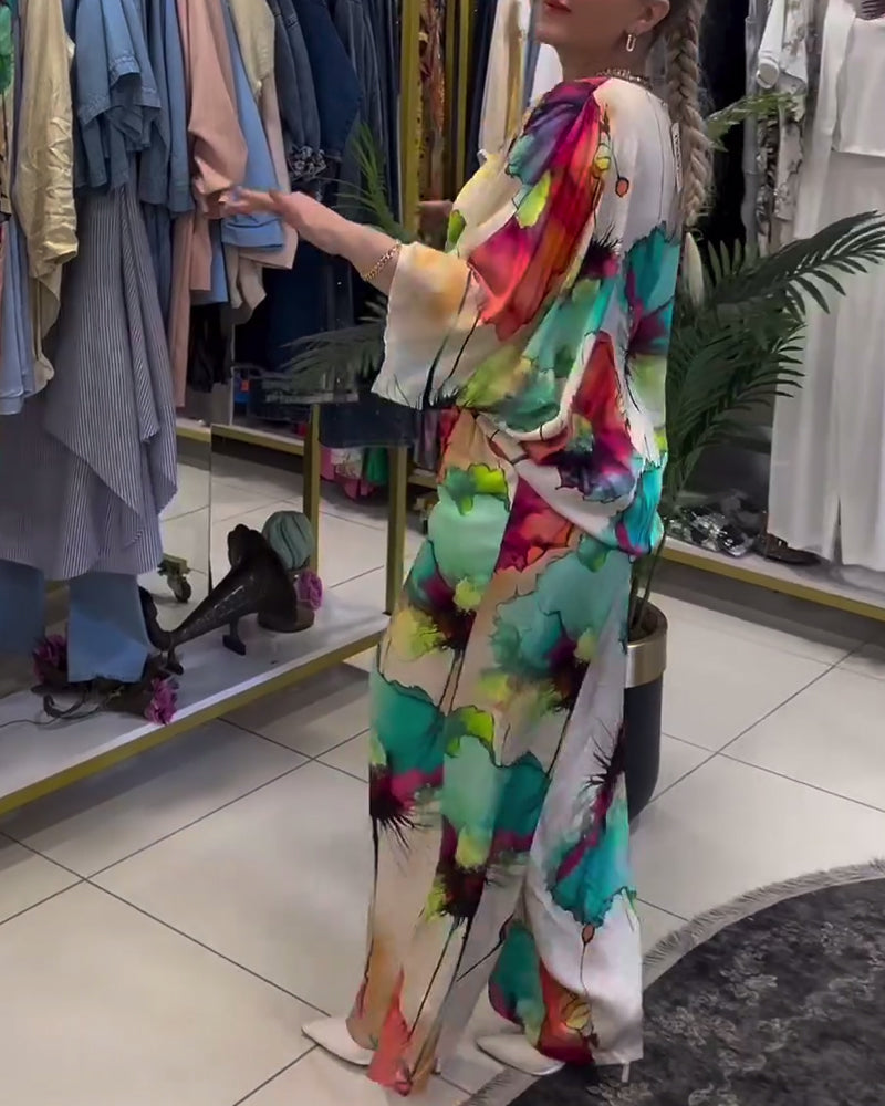Ensemble asymétrique à manches trois-quarts à imprimé lotus
