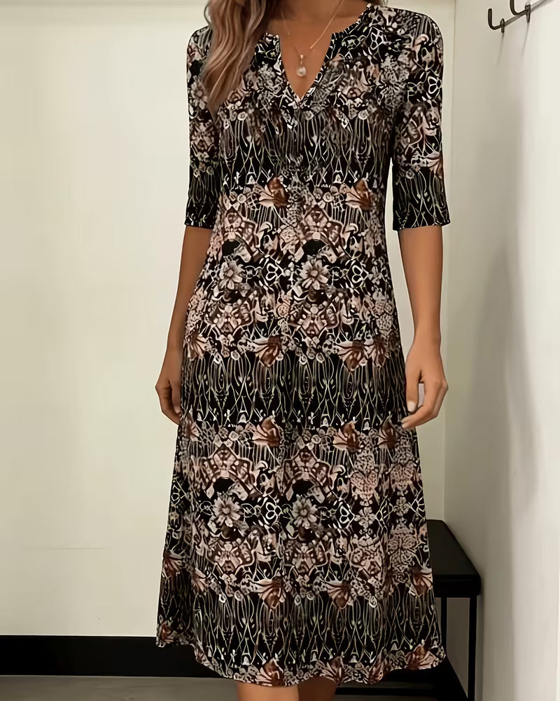 Robe Col V Imprimé Patchwork Demi‑manche