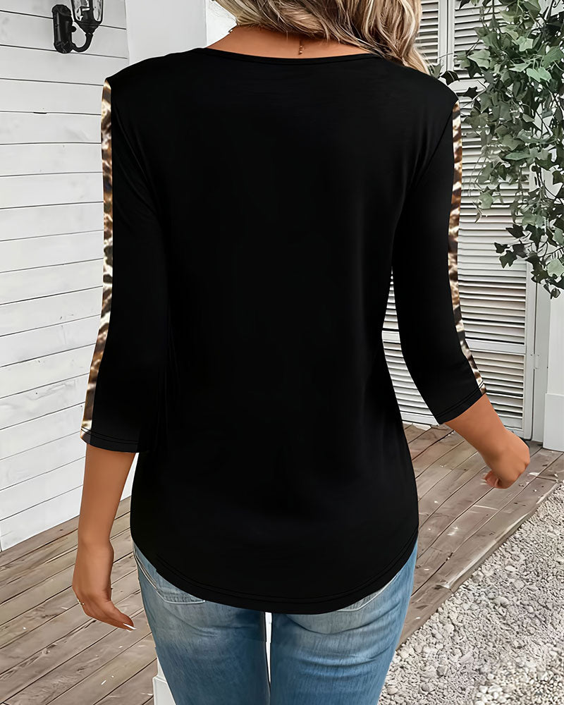 T-Shirt Manches Longues Col En V Léopard Patchwork