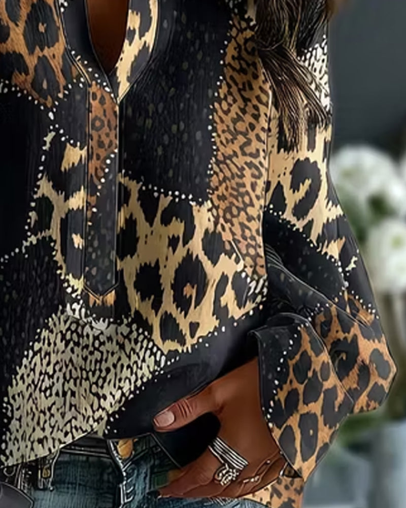 Blouse Mini Col Mandarin Léopard Panneau Décontractée