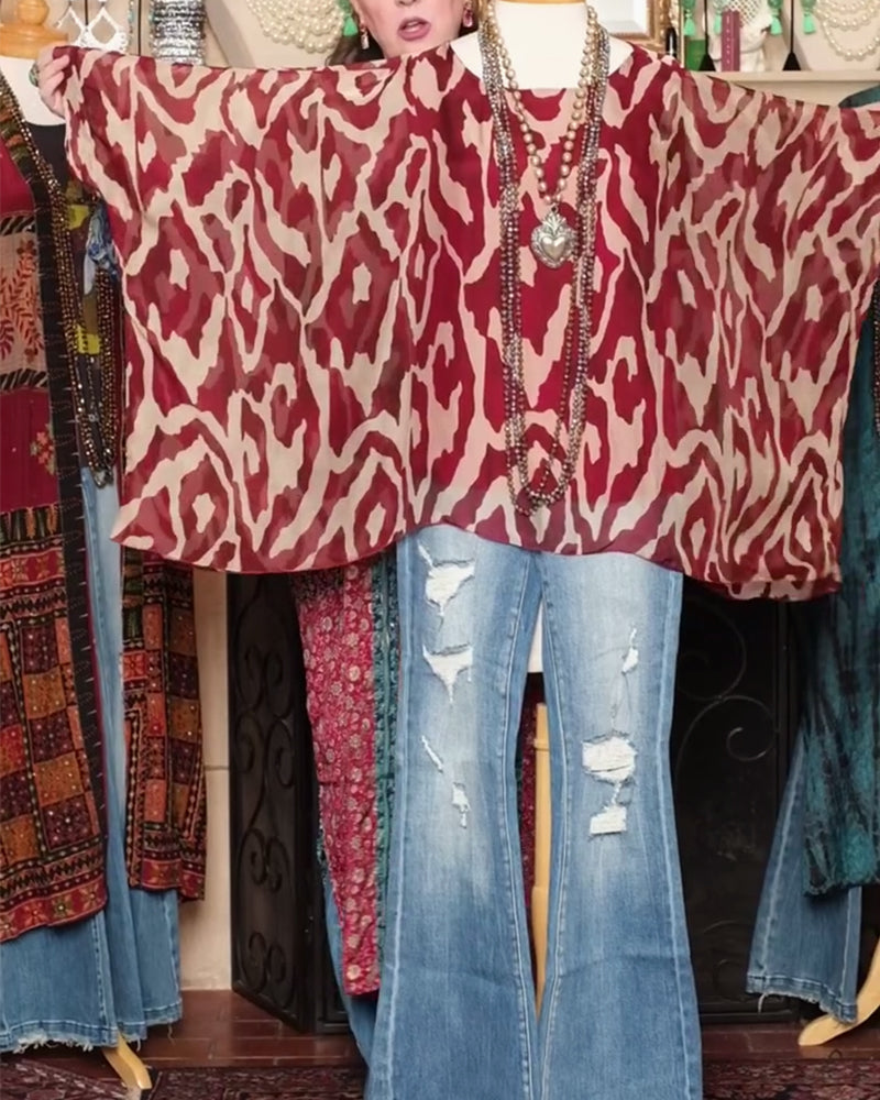 Blouse Manches Chauve-Souris Imprimé Manches Longues