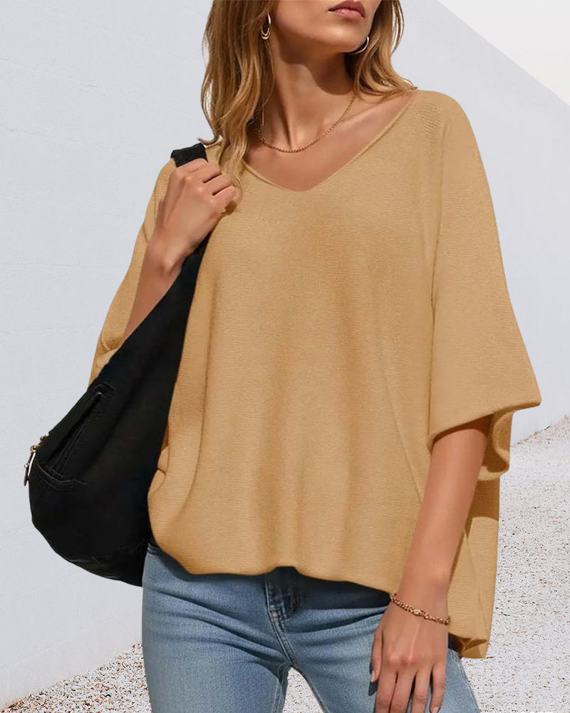 T-Shirt Col V Manche Chauve-Souris Unie
