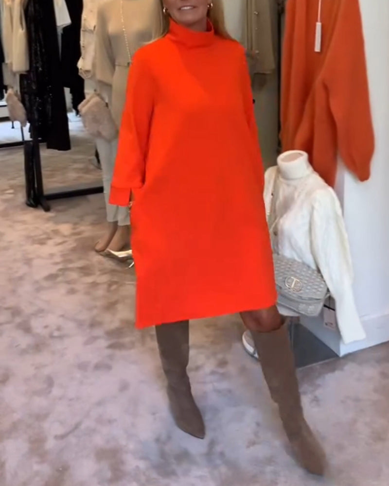 Robe décontractée à col roulé de couleur unie