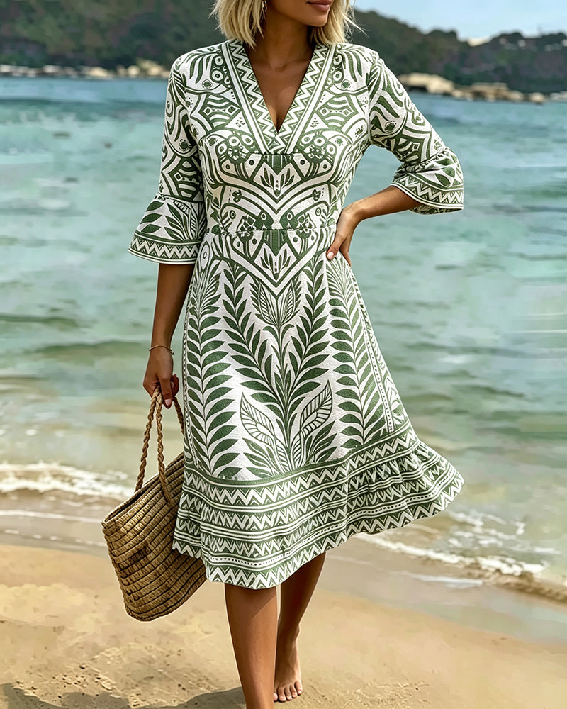 Robe Col V Manches Volant Imprimé Feuilles
