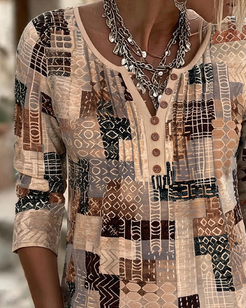 T-Shirt Géométrique Patchwork Imprimé Henley