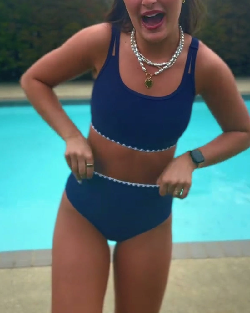 Bikini Motif Vague Taille Haute Couleur Contrastée