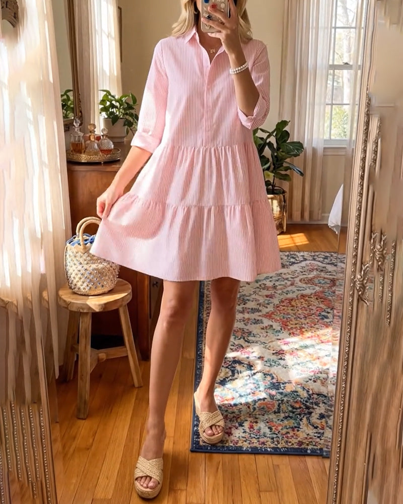 Robe Col De Chemise Rayée Patchwork
