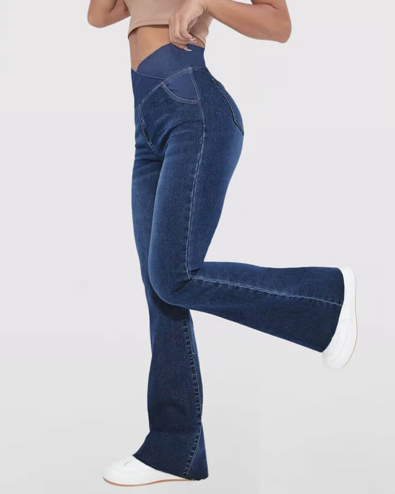 Pantalon Haute Élasticité Mode Poche Évasé