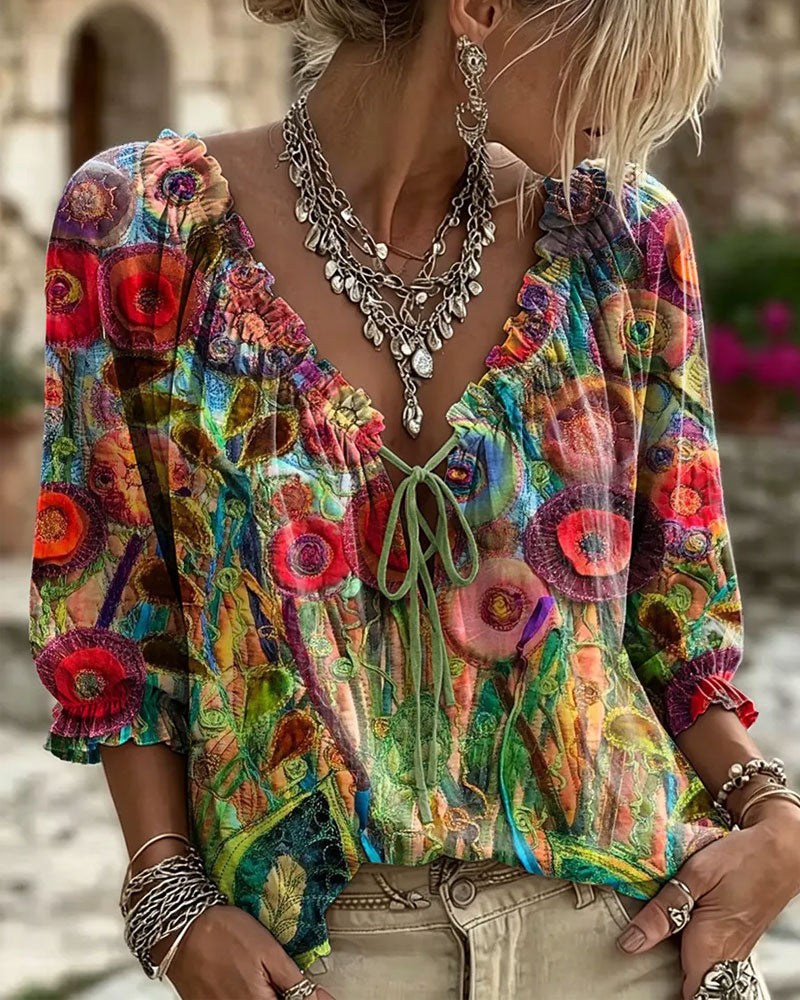 Blouse Col En V Volant Manches Ballon Attacher