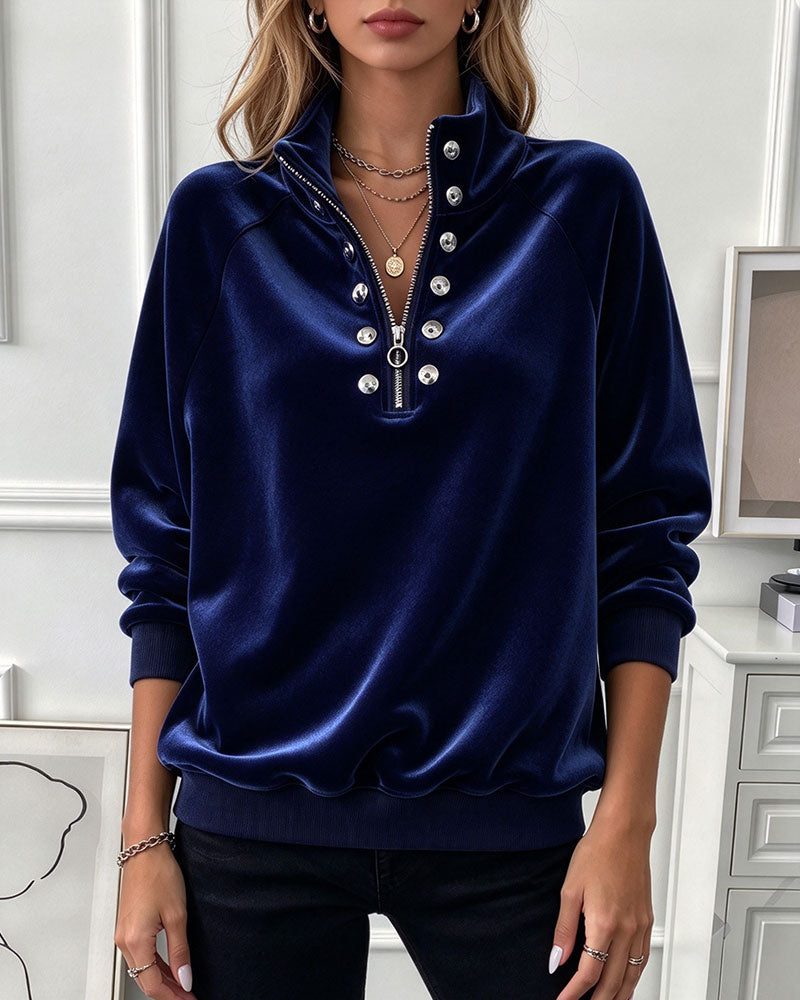 Sweat Col Roulé Fermeture Éclair Bouton Manche Longue